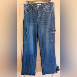 Wide Leg Cargo Jeans - Dark Blue Denim